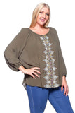 Plus Size Olive Paisley Print Gauze Shirred Peasant Top U.S.A