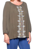 Plus Size Olive Paisley Print Gauze Shirred Peasant Top U.S.A