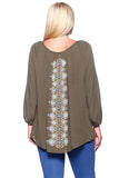 Plus Size Olive Paisley Print Gauze Shirred Peasant Top U.S.A