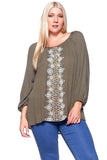 Plus Size Olive Paisley Print Gauze Shirred Peasant Top U.S.A