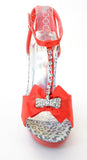 Jeweled Satin Bow Wedding Bridal Platform Heel Sandal Red