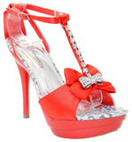 Jeweled Satin Bow Wedding Bridal Platform Heel Sandal Red