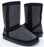 Fur Rhinestone Faux Shearling Black Round Toe Women's Boot