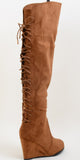 Lace Detailing Camel Over The Knee Wedge Boots Vegan Suede