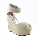 Natural Ankle Strap Faux Suede Platform Peep Toe Wedge