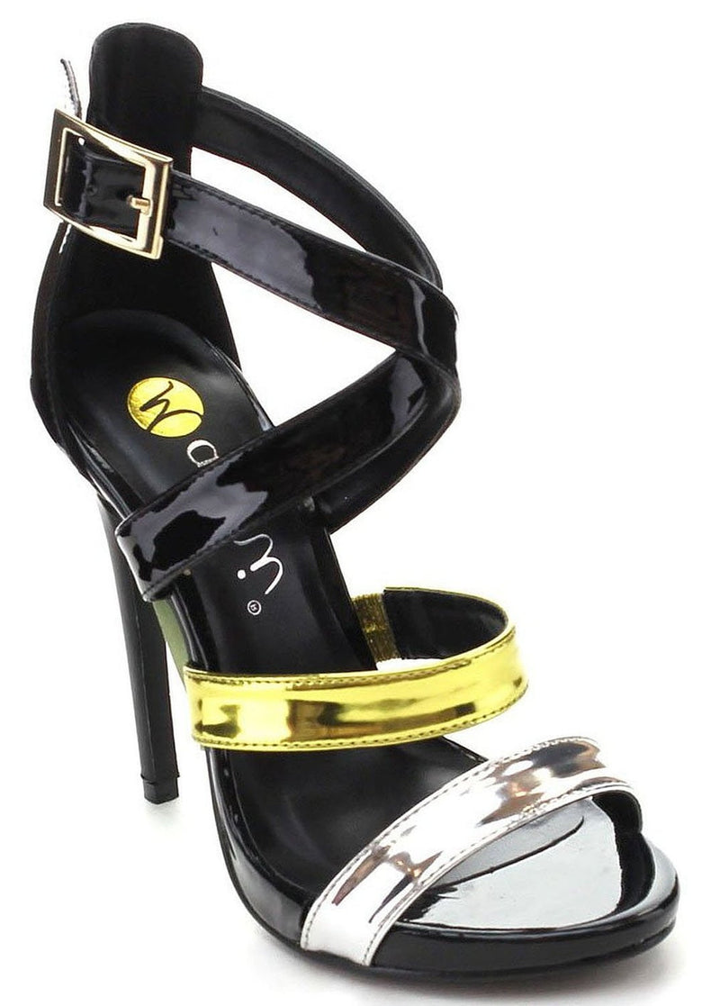  Black Metallic Color Block Strappy Stiletto Heels Faux Leather