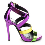  Purple Green Metallic Color Block Strappy Stiletto Heels Faux Leather 