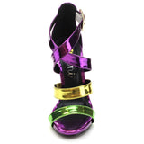  Purple Green Metallic Color Block Strappy Stiletto Heels Faux Leather 