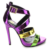  Purple Green Metallic Color Block Strappy Stiletto Heels Faux Leather 