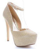 Gold Mesh Sparkle Ankle Strap Stiletto Hidden Platform Pumps