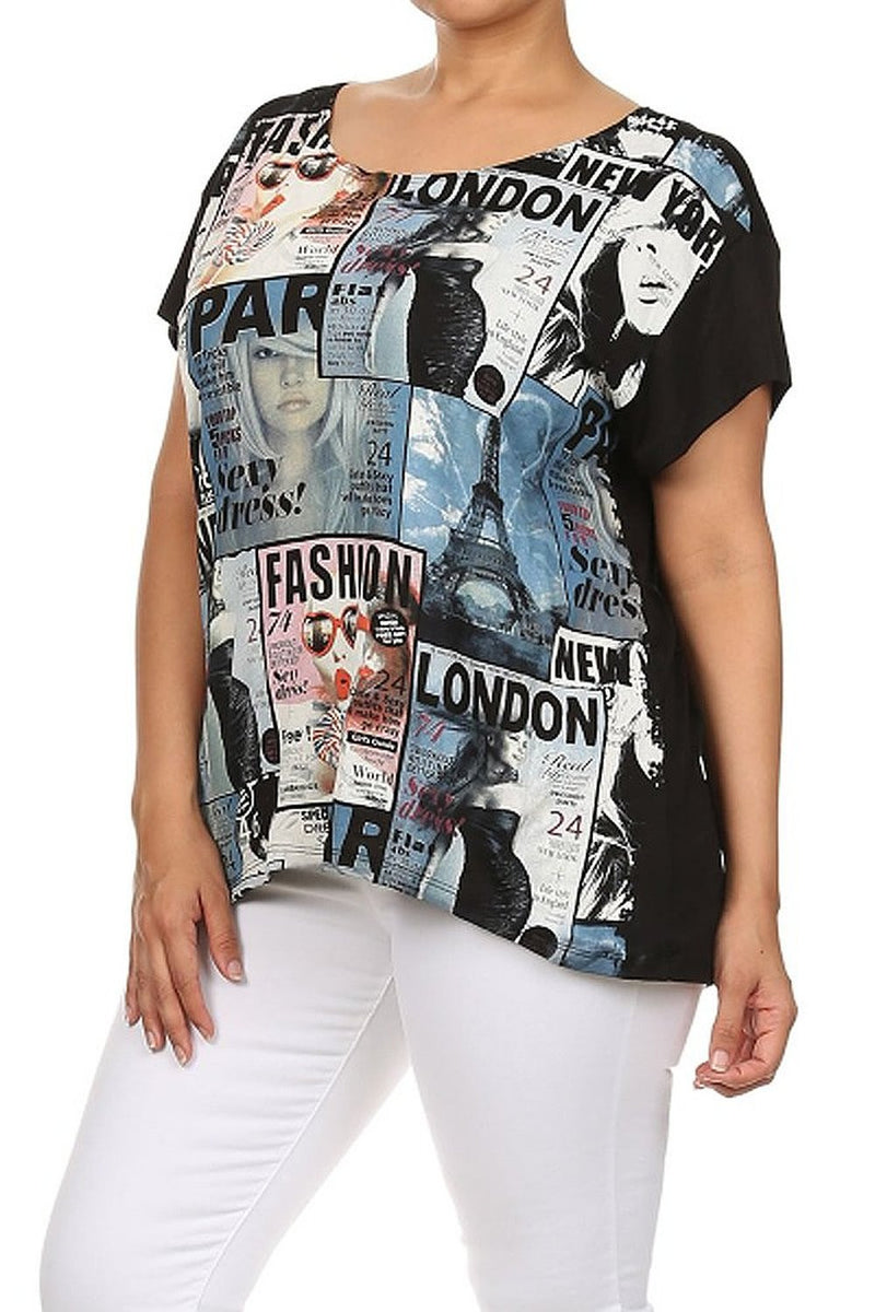 High Fashion Magazine Cover Design Short Sleeve Plus Top U.S.A