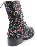  Victorian Floral Black Lace Up Mid-calf Vegan Boots Black Women's