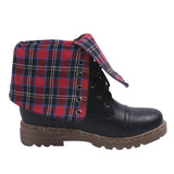 Red Plaid Women's Low Heel Folded Collar Lace Up Front Mid Calf Boots