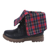 Red Plaid Women's Low Heel Folded Collar Lace Up Front Mid Calf Boots