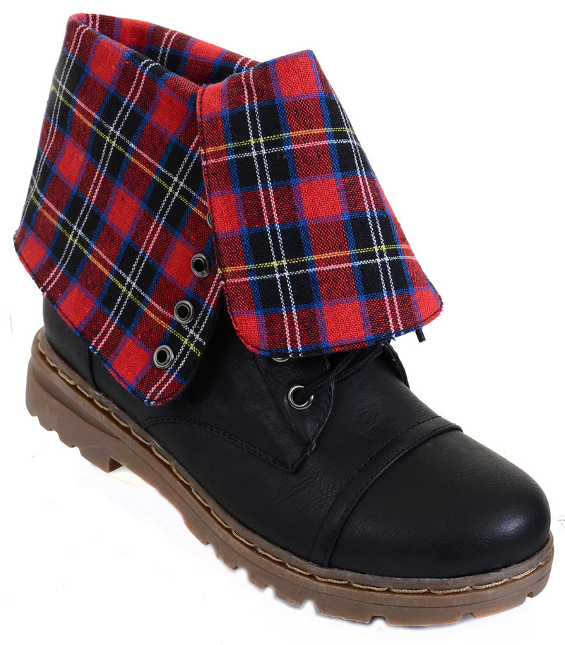 Red Plaid Women's Low Heel Folded Collar Lace Up Front Mid Calf Boots