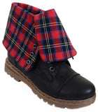 Red Plaid Women's Low Heel Folded Collar Lace Up Front Mid Calf Boots