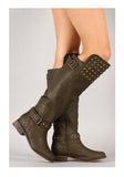 Military Green Studded Buckle Riding Knee High Boot Womens