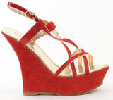 Red Glitter Strappy Criss Cross Wedge Platform Women's Sandals