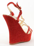 Red Glitter Strappy Criss Cross Wedge Platform Women's Sandals