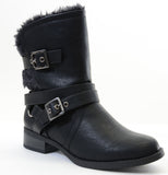  Shearling Fur Moto Combat Vegan Mid-calf Women's Boots