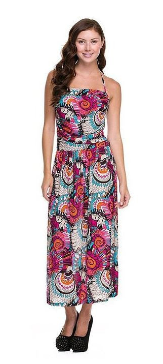 Multi Bright Swirl Abstract Printed Halter Tube Fashion Dress
