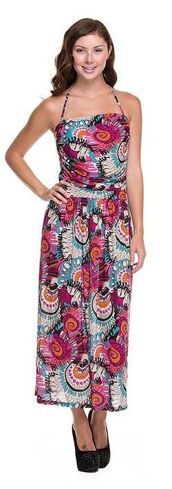 Multi Bright Swirl Abstract Printed Halter Tube Fashion Dress