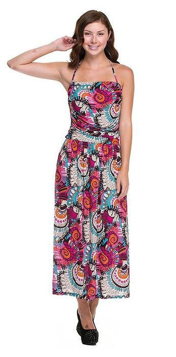 Multi Bright Swirl Abstract Printed Halter Tube Fashion Dress
