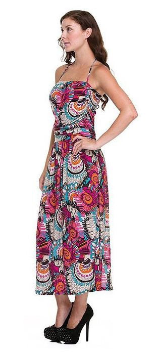 Multi Bright Swirl Abstract Printed Halter Tube Fashion Dress