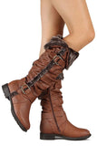 Furry Cuff Vegan Leather Knee High Slouch Rider Boots