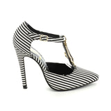 Athena NAVIA Women's Pointy Toe Fabric Stripe T-strap Stiletto Pumps