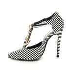 Athena NAVIA Women's Pointy Toe Fabric Stripe T-strap Stiletto Pumps