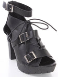  Black Faux Leather Buckle Strappy Platform Booties Heels