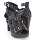  Black Faux Leather Buckle Strappy Platform Booties Heels