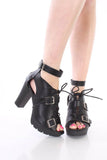  Black Faux Leather Buckle Strappy Platform Booties Heels