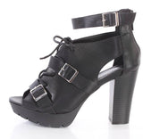  Black Faux Leather Buckle Strappy Platform Booties Heels