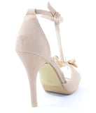 Viccy-1 Faux Suede Metal Bow T-Strap Open Toe Heels