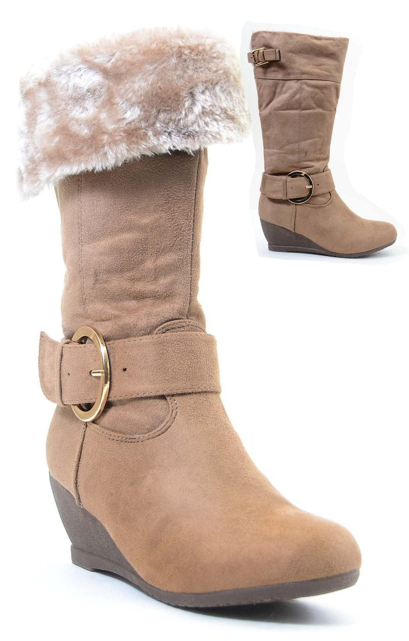  Furry Buckle Wedge Vegan Suede Knee Womens Boots