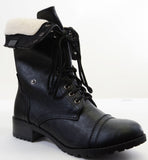  Shearling Fur Fold Over Combat Vegan Women's Boots