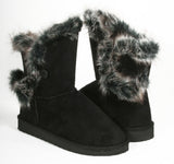 Furry Round Toe Button Ankle Vegan Bootie Black