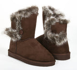 Fur Round Toe Button Ankle Bootie Brown