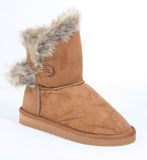 Furry Round Toe Button Ankle Vegan Bootie Chestnut