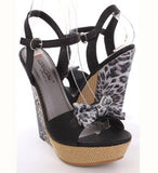 Paka-5 Black Faux Leather Leopard Print Bow Accent Wedges