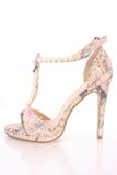  Paris Shimmer Pearls Bows T Strap Faux Leather Women Heels 