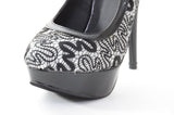 Black Silver Glitter Lace Platform Pump Heels