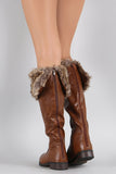 Brown Faux Fur Cuff Round Toe Riding Knee High Vegan Boots