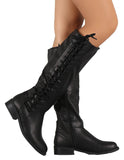 Black Corset Lace Up Riding Knee High Vegan Leather Boots