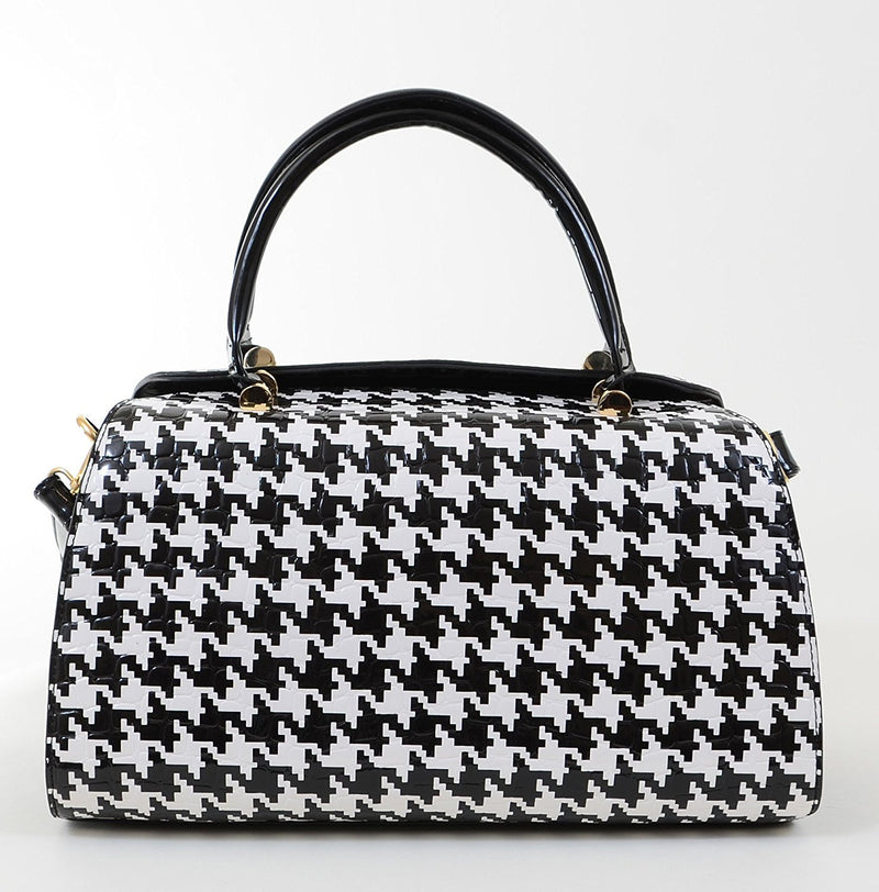 Houndstooth Top Handle Day Satchel Tote Handbag Vegan Women's