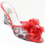  Red Leopard Jeweled Flowers Slides Mesh Peep toe Low Cut-out Heels