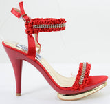  Ruffled Red Satin Gold Metallic Jeweled Anklet Platform Heels