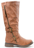  Tan Riding Double Ankle Strap Knee-high Women's Vegan Biker Boots